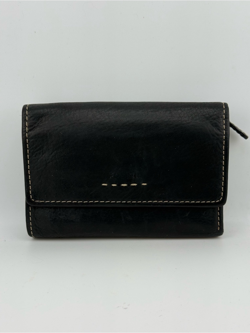Fossil Black Leather Trifold Wallet ID Zip Coin Pocket Bifold Slim